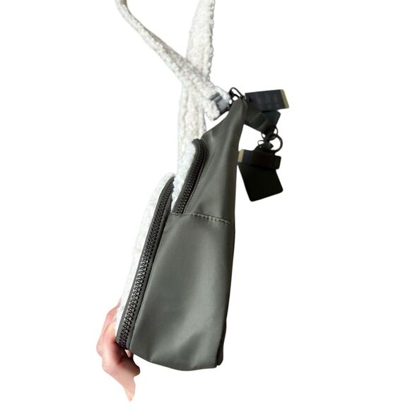 NEW House Of Harlow Sling Backpack Sherpa Nylon Olive Green Cream - Picture 14 of 15